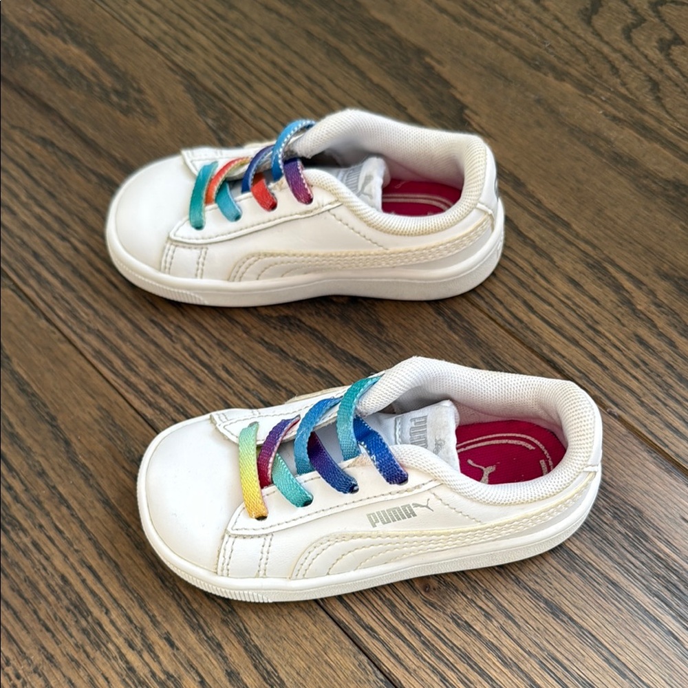 Puma White and Red Sneakers with Rainbow Laces 6C toddler baby